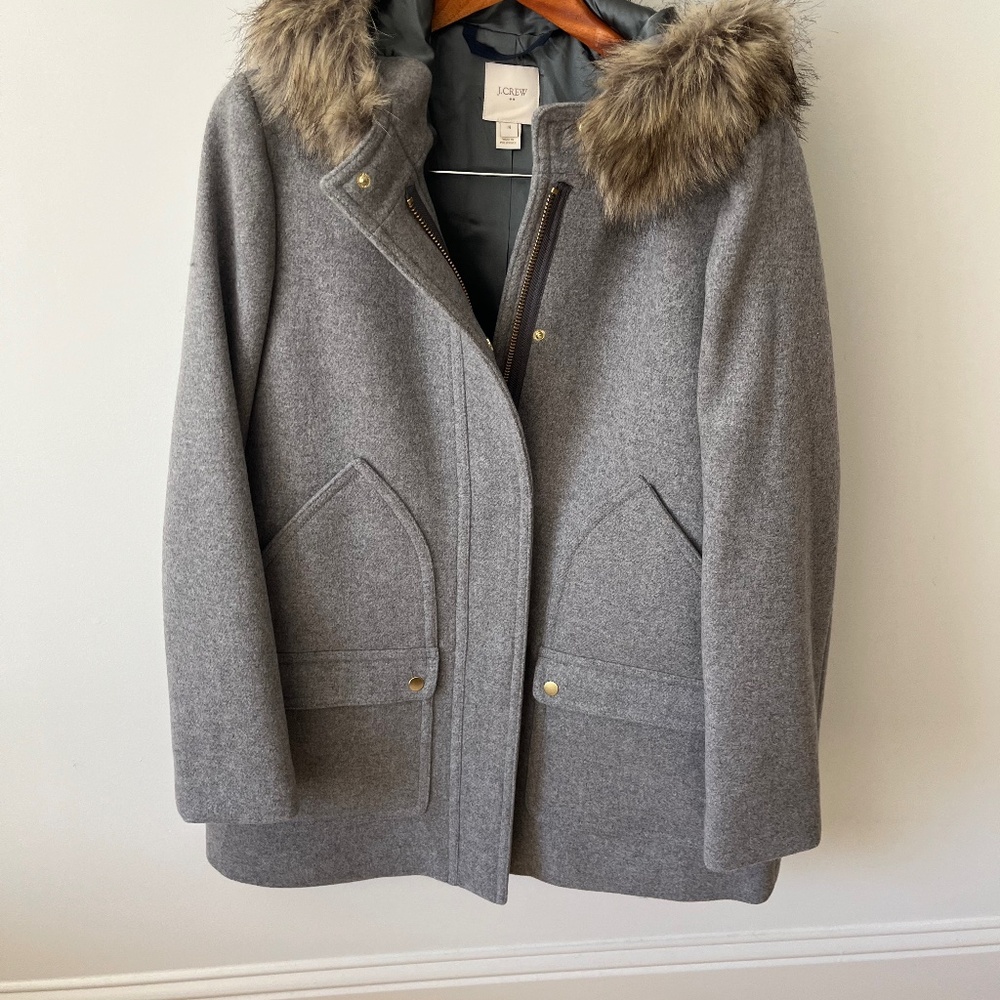J Crew Chateau Parka, Grey Wool Coat, Winter Jacket With Fur